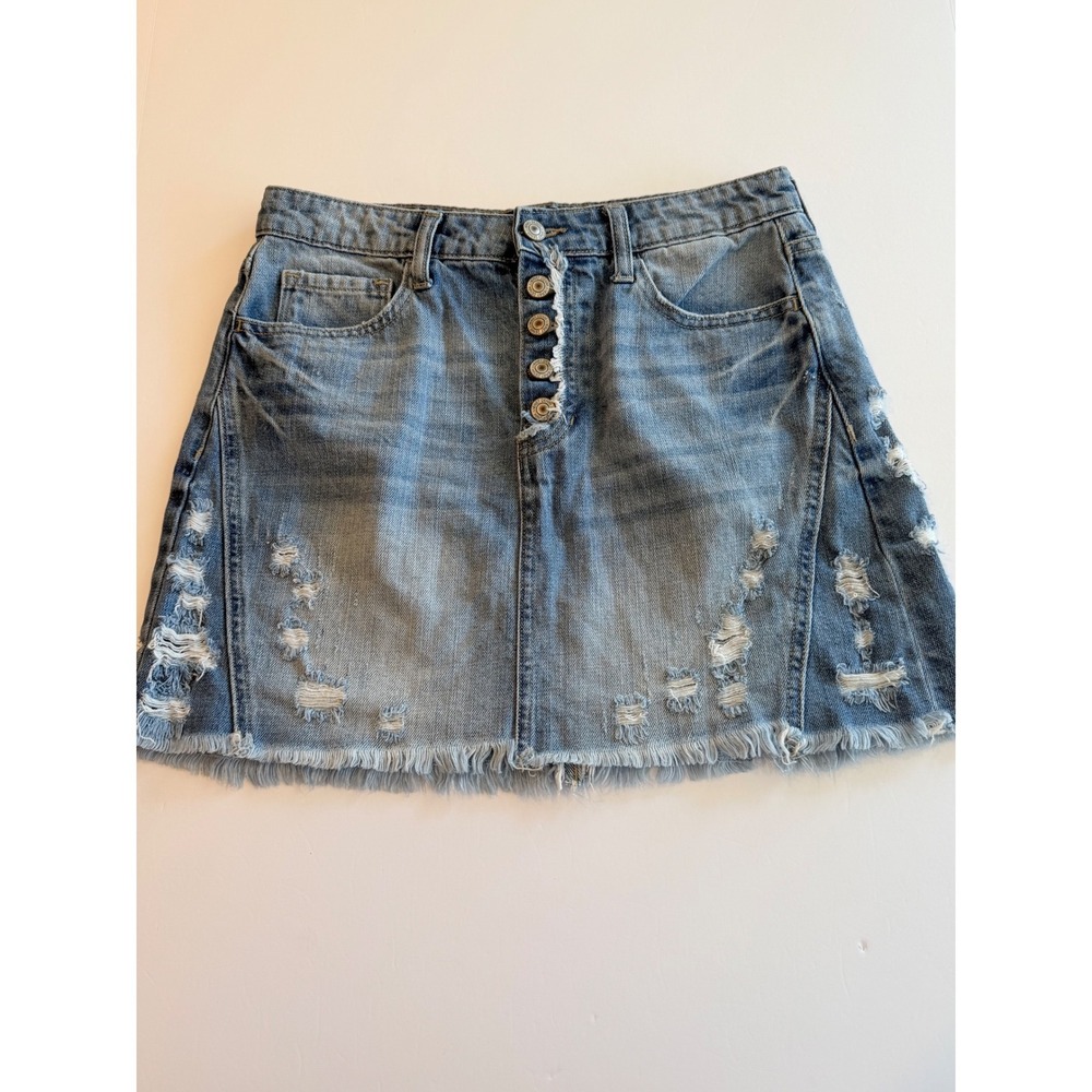 Vervet High Rise Distressed Denim Mini Skirt Light Wash Blue  Size M
